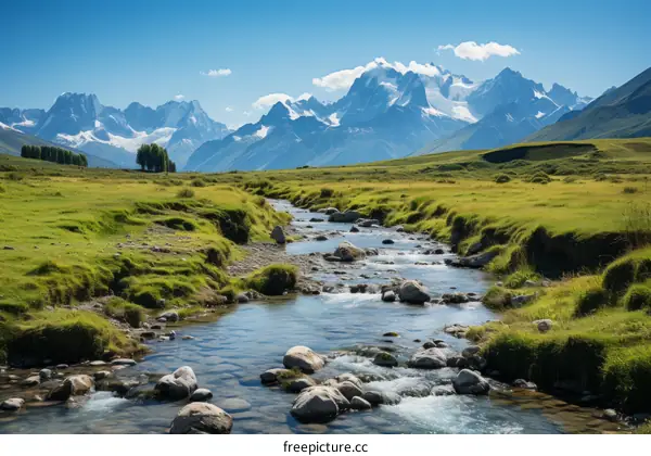 Mountain River Landscape with Snow-capped Peaks