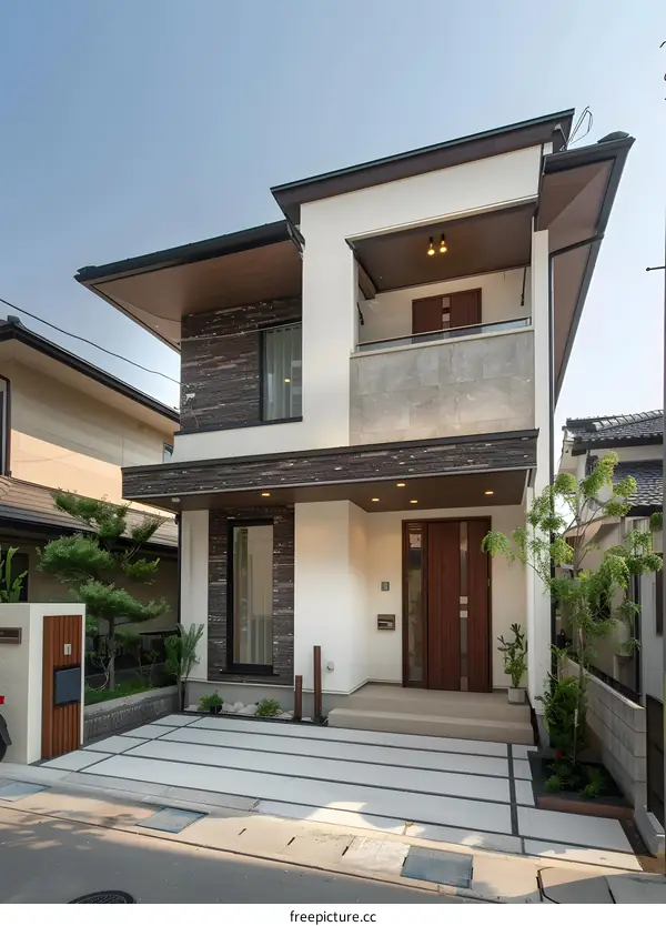 Modern Two Story House with a Brown Wooden Door and a Small Balcony