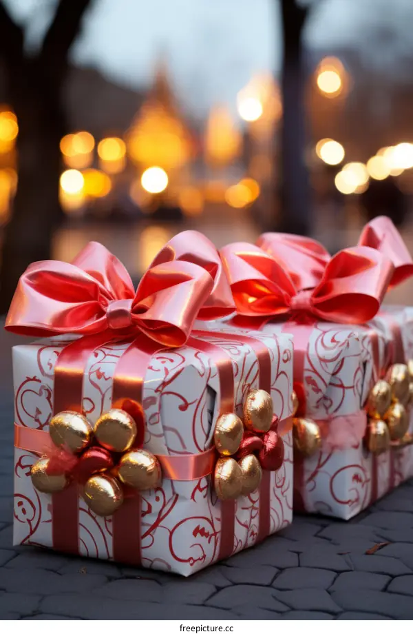Two Wrapped Red Ribbon Gold Decorated Gifts Rest on Stone Surface