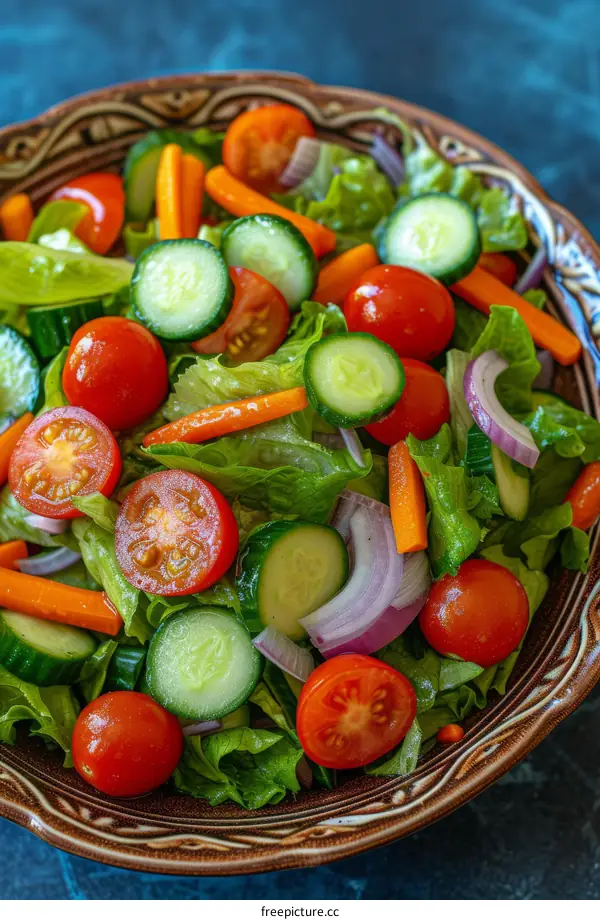 Fresh salad with lettuce, tomatoes, cucumbers, carrots, and onions