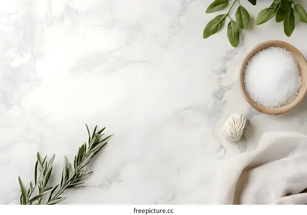 White Marble Background with Natural Elements for Spa and Beauty Products