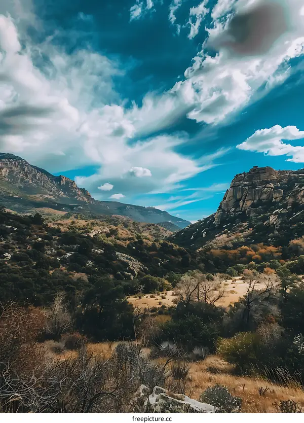 Mountain Valley Landscape Under Blue Sky With Clouds