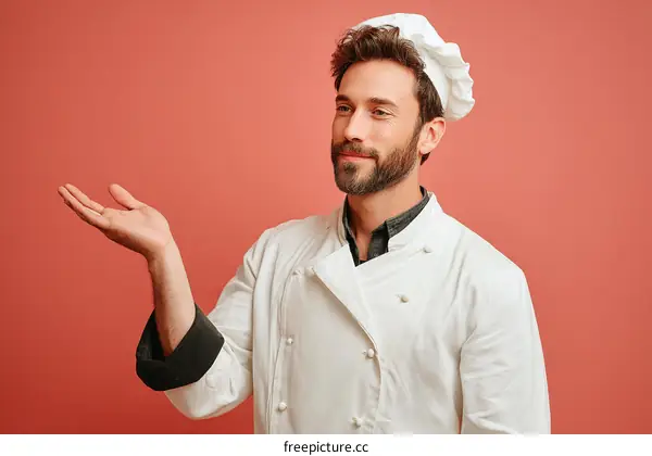 Chef Presenting Dish Against Coral Background