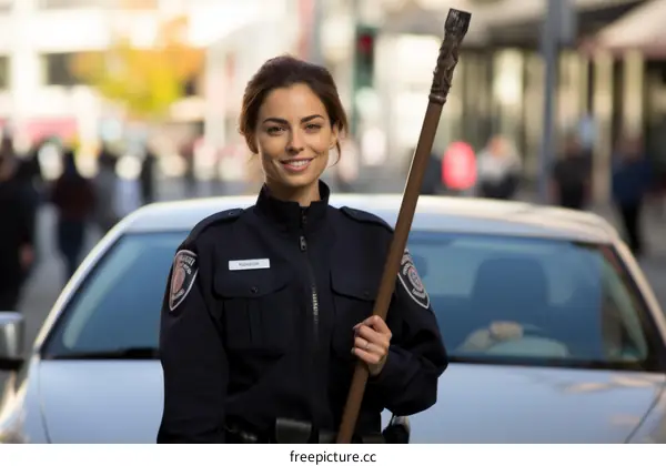 A policewoman with a weapon standing in front of a police car