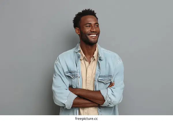 Happy African Man Posing Against Gray Background