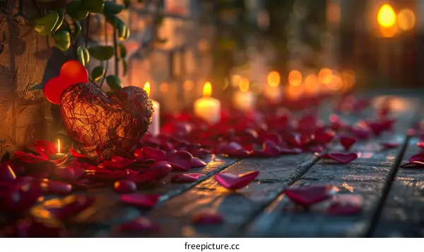 A wooden heart sculpture sits on a wooden floor scattered with red rose petals, with candles in the background.