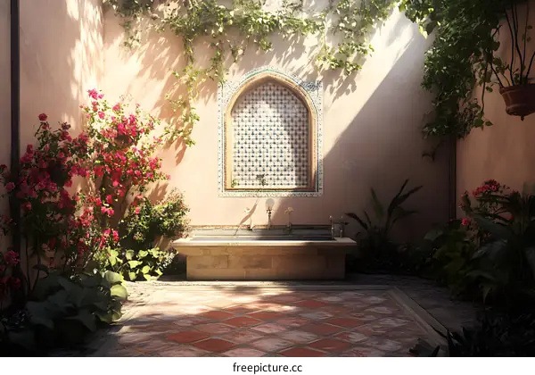 Stone Bathtub and Window in a Courtyard Garden