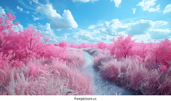 Surreal Pink Forest with Glowing River