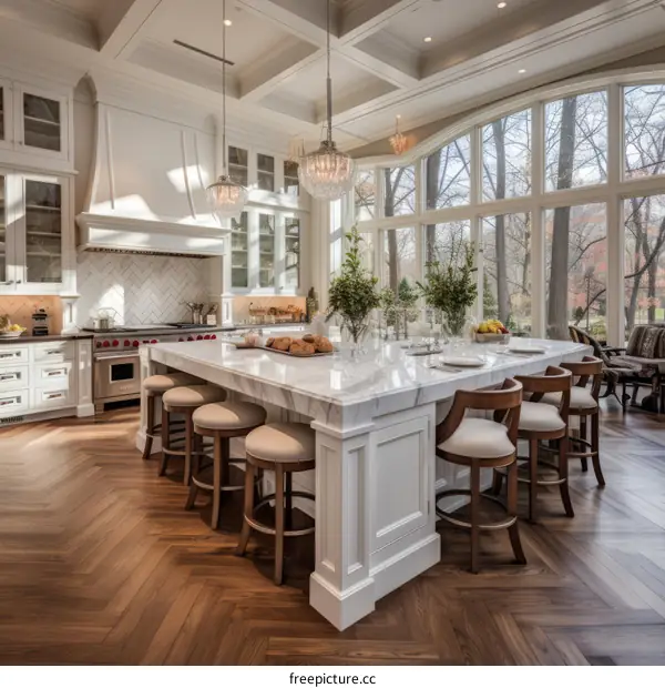 Large bright kitchen with island and hardwood floors
