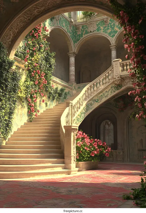 Ornate Staircase with Flowers in a Grand Palace