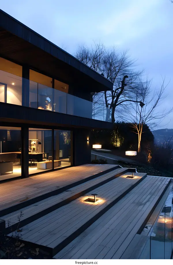 Modern Black House with Wooden Deck and Patio