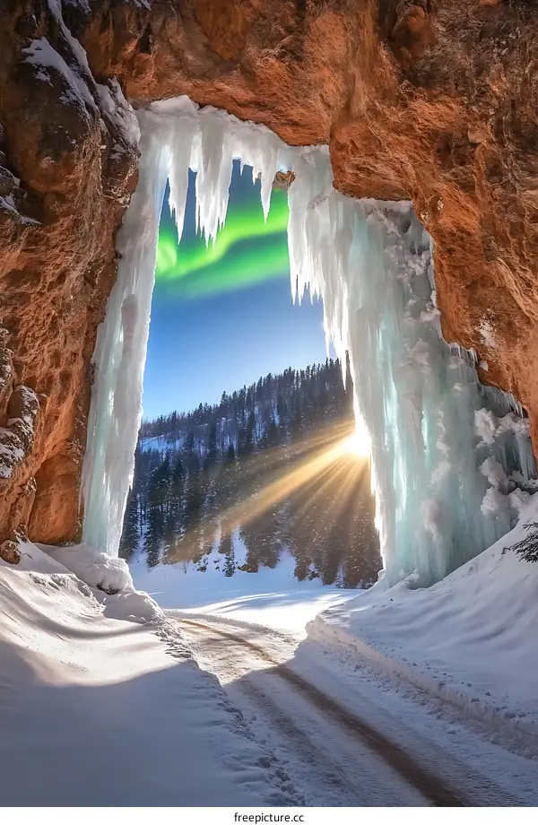 Aurora Borealis Shining Through Ice Cave