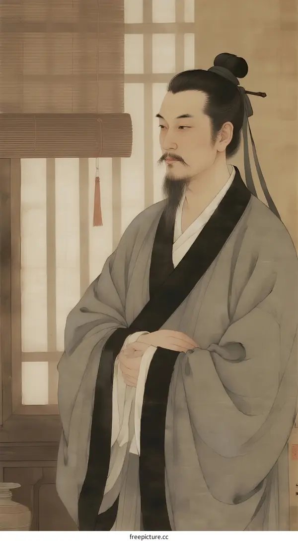 A Chinese Scholar in Traditional Clothing Standing Indoors
