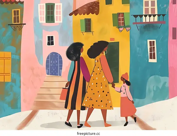 Family Walking Through Colorful City Street