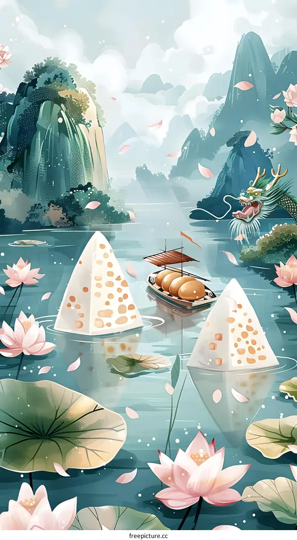 Dragon Boat Festival Scene with Rice Dumplings and Lotus
