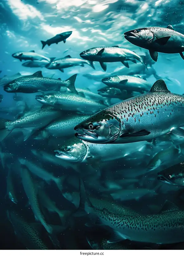 A large school of fish photographed from below