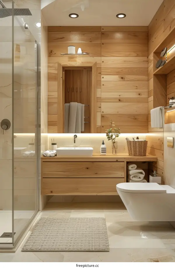 Modern Bathroom Interior with Wooden Accents