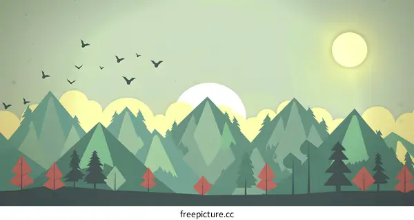 Simple Mountain Illustration with Birds