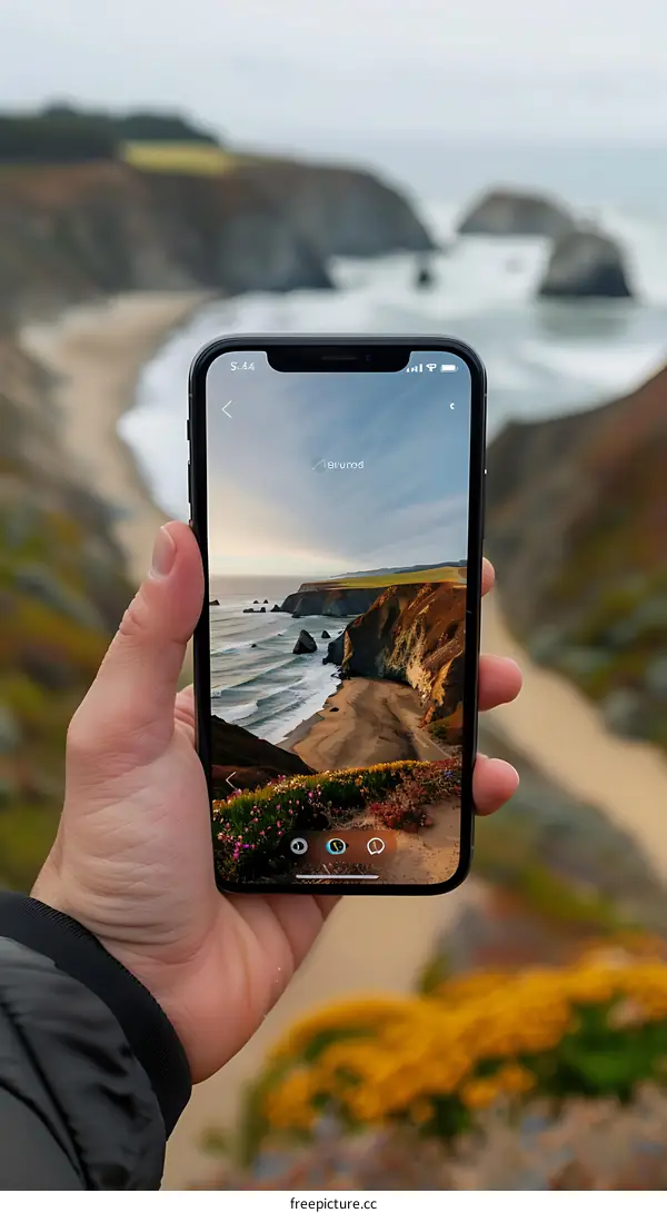 Hand Holding Smartphone With Coastline Picture