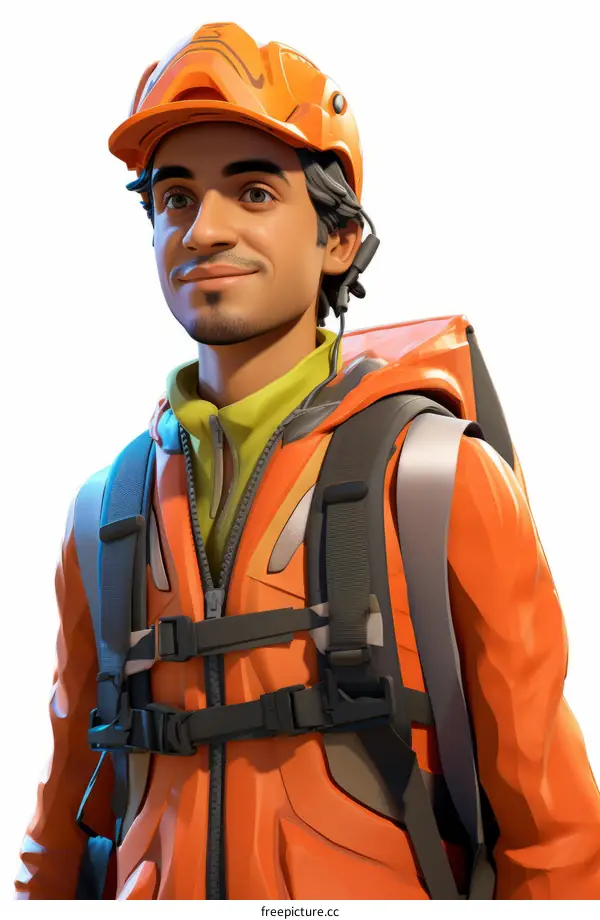 A male character wearing an orange hard hat and backpack