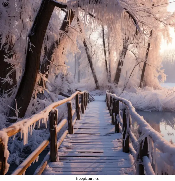 Wooden bridge covered with snow in the middle of a snowy forest