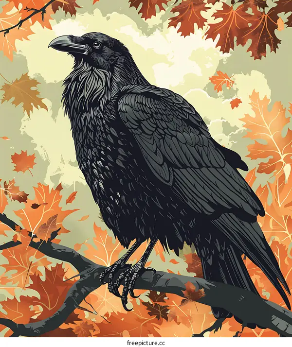 Raven Bird Perched On Branch In Autumn Leaves Illustration