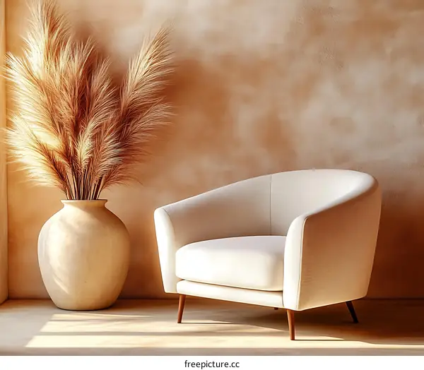 Modern Beige Living Room with a Chair and Dried Flowers