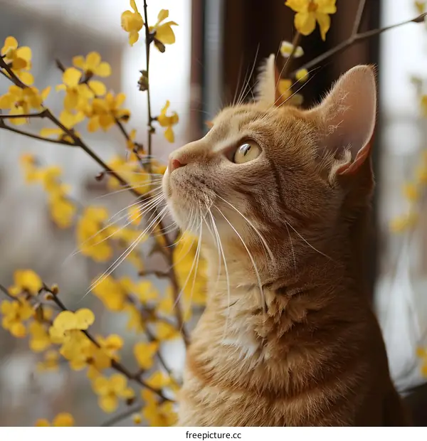 A ginger cat looking out the window at some yellow flowers