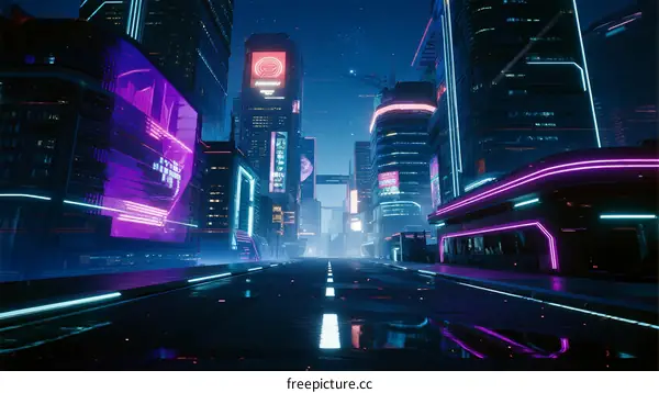 Futuristic Cityscape with Neon Lights and Digital Billboards