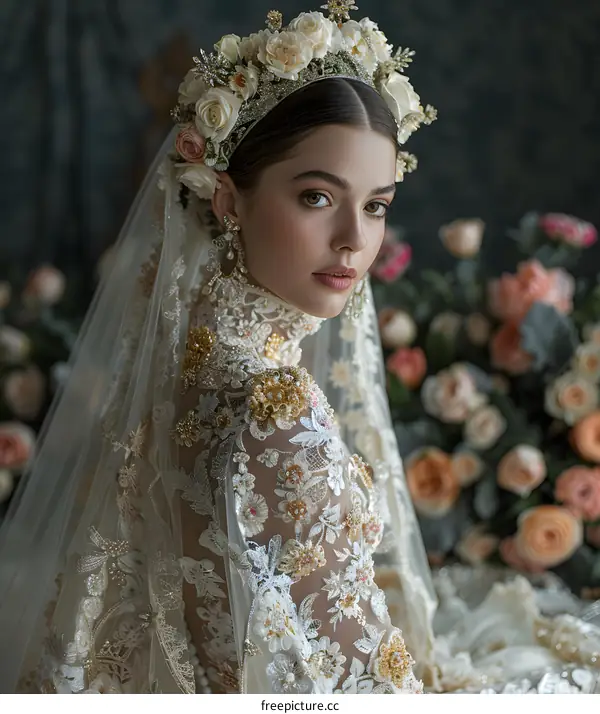 European bride wearing a lace wedding dress and a headpiece