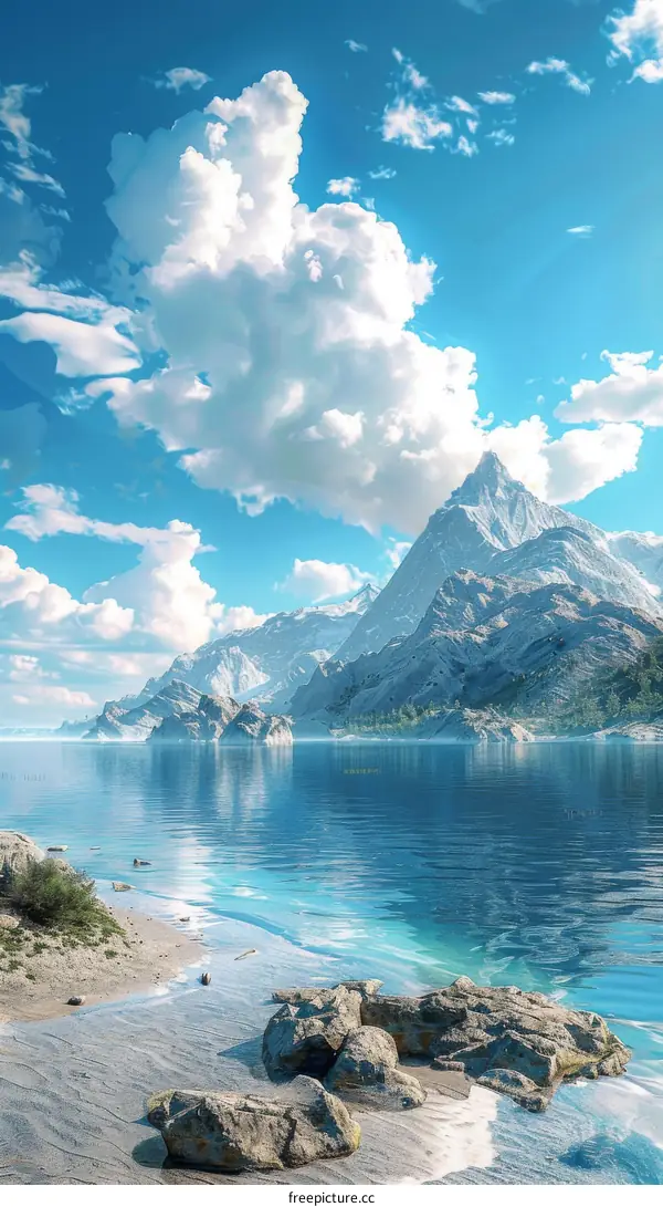 Majestic Mountain Lake Landscape with Clouds and Rocks