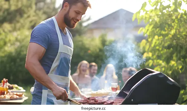 Man Grilling Food At Backyard BBQ Party