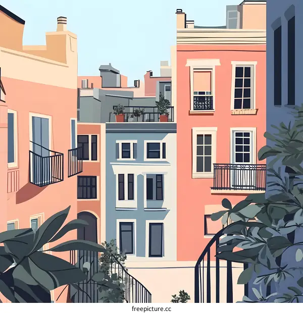 Colorful Cityscape Illustration With Buildings and Greenery