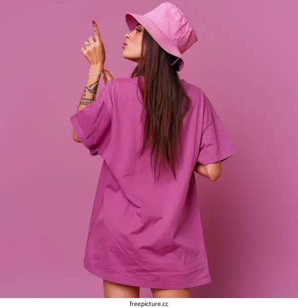 Fashion model posing in a pink oversized t-shirt and hat