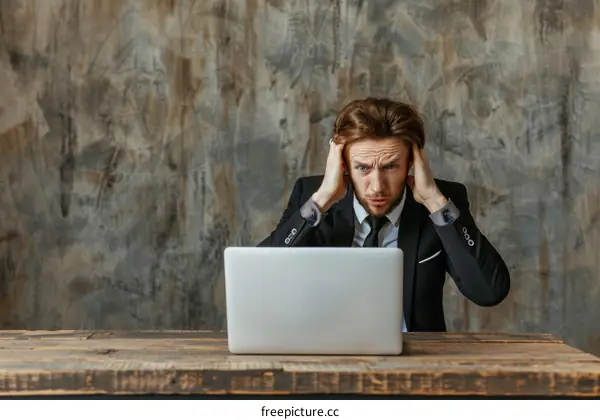 Businessman in suit holding his head in front of laptop in frustration