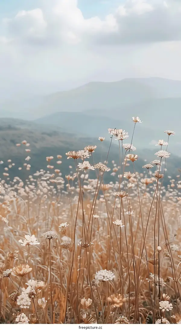 Wildflowers Field In The Mountains With Cloudy Sky
