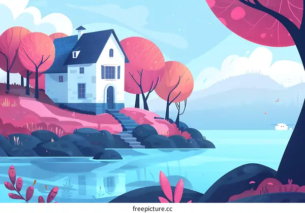 White House on a Hillside by the Lake