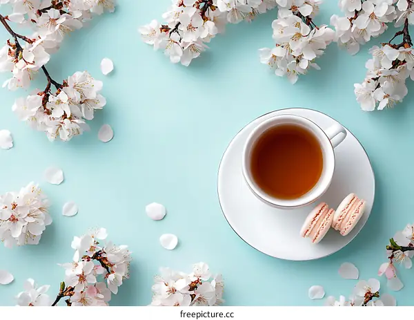 Floral Tea Time with Macarons on a Mint Background