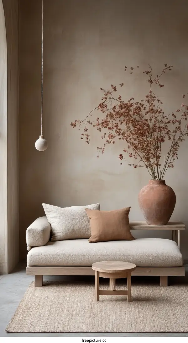 Beige Sectional Sofa with Wooden Side Table in Modern Minimalist Living Room