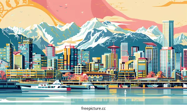 Seattle Skyline With Mountains And Water