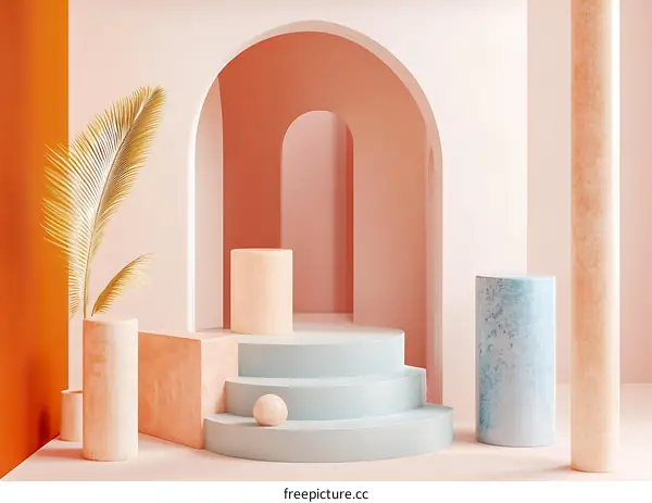 Abstract Minimalist 3D Rendered Scene with Geometric Shapes and a Plant