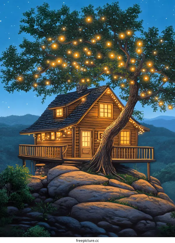 Cabin In The Woods At Night With String Lights