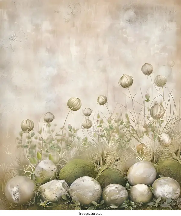 Vintage Watercolor Painting Of Stones and Flowers