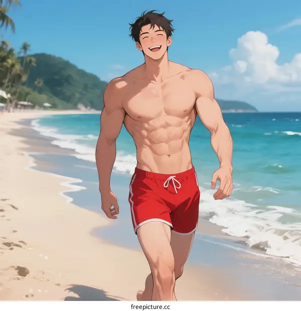 Muscular man walking on a sunny beach with clear blue water