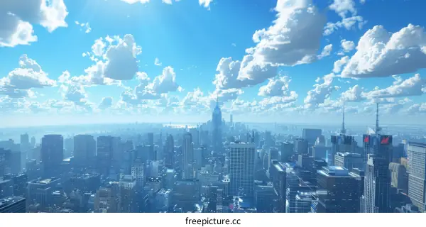 New York City Skyline with Clouds and Blue Sky
