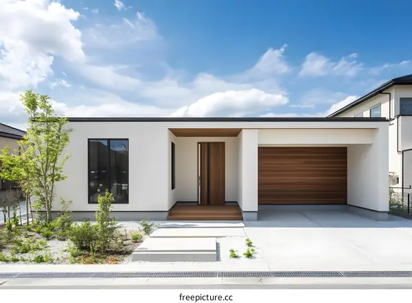 Modern White House with Wooden Garage Door and Landscaping