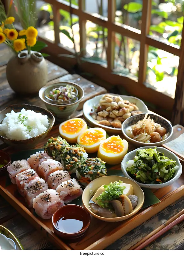 Japanese meal set on a wooden tray