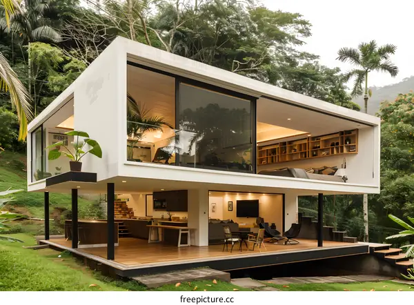 Modern White House with Glass Walls in Lush Tropical Forest