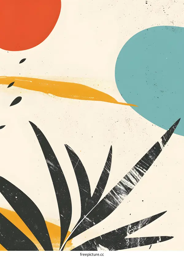 Abstract Minimalist Illustration with Black Leaves and Yellow, Orange, and Blue Geometric Shapes