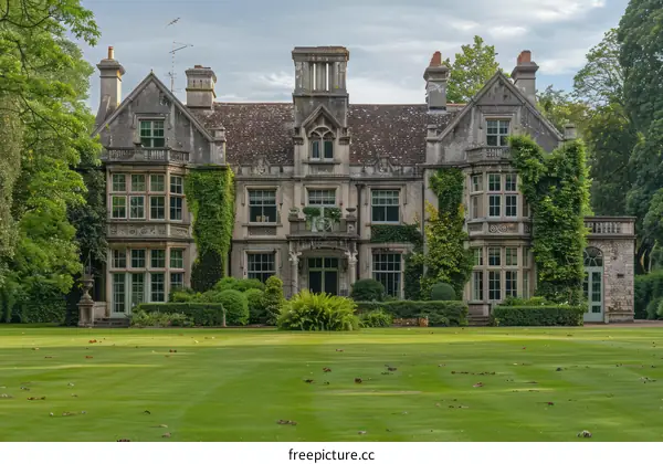 A large stone country house with a lawn in front of it